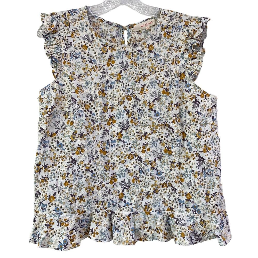 Solitaire Ruffled Floral Print Eyelet Paisley Embroidered Boho Blouse Size Large